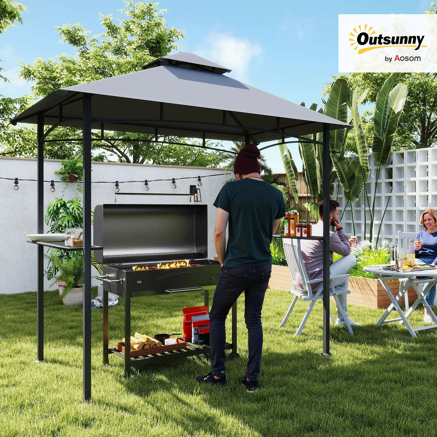 8' x 5' Grill Gazebo with Double Roof, Outdoor BBQ Canopy Gazebo with 2 Side Shelves for Patio Yard Garden Gray