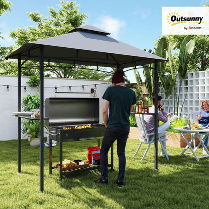 8' x 5' Grill Gazebo with Double Roof, Outdoor BBQ Canopy Gazebo with 2 Side Shelves for Patio Yard Garden Gray