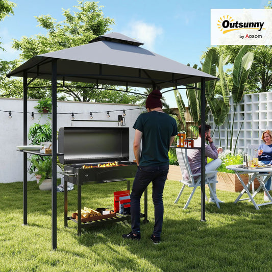8' x 5' Grill Gazebo with Double Roof, Outdoor BBQ Canopy Gazebo with 2 Side Shelves for Patio Yard Garden Gray