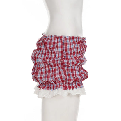 HLJ&GG White Knit Letter Fashion Y2K Outfits Women O Neck Sleeveless Slim Crop Top + Lace Plaid Shorts Two Piece Sets Streetwear