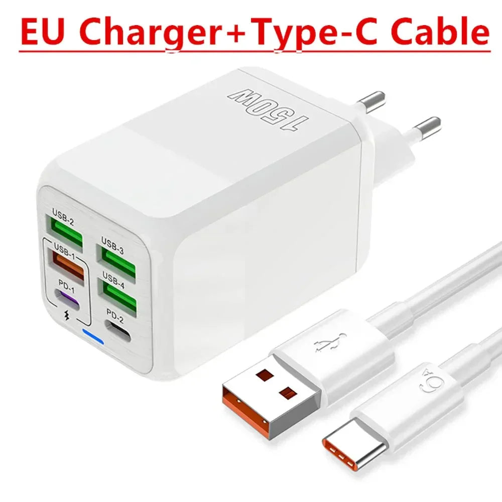 150W Multi Port USB Charger 6 Ports Fast Charge Phone Charger Wall Adapter For iPhone Samsung Xiaomi EU/US/UK Plug Quick Charger