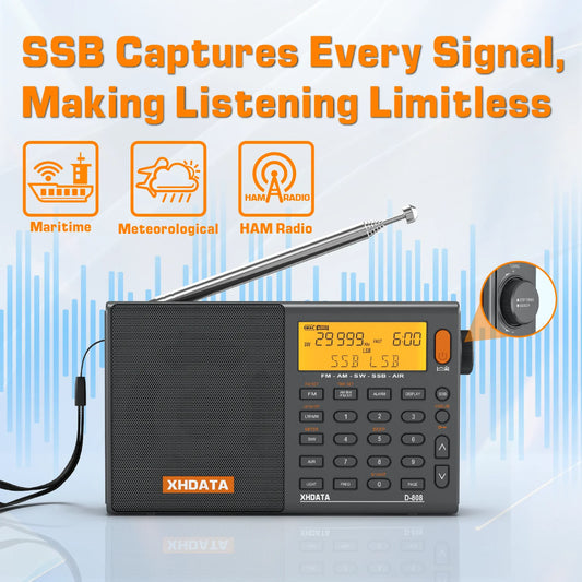 XHDATA D-808 AM/FM/SW/MW SSB AIR RDS Full Band Portable Radio with Multifunction Deep Sound Stereo Rechargeable Radio Receiver