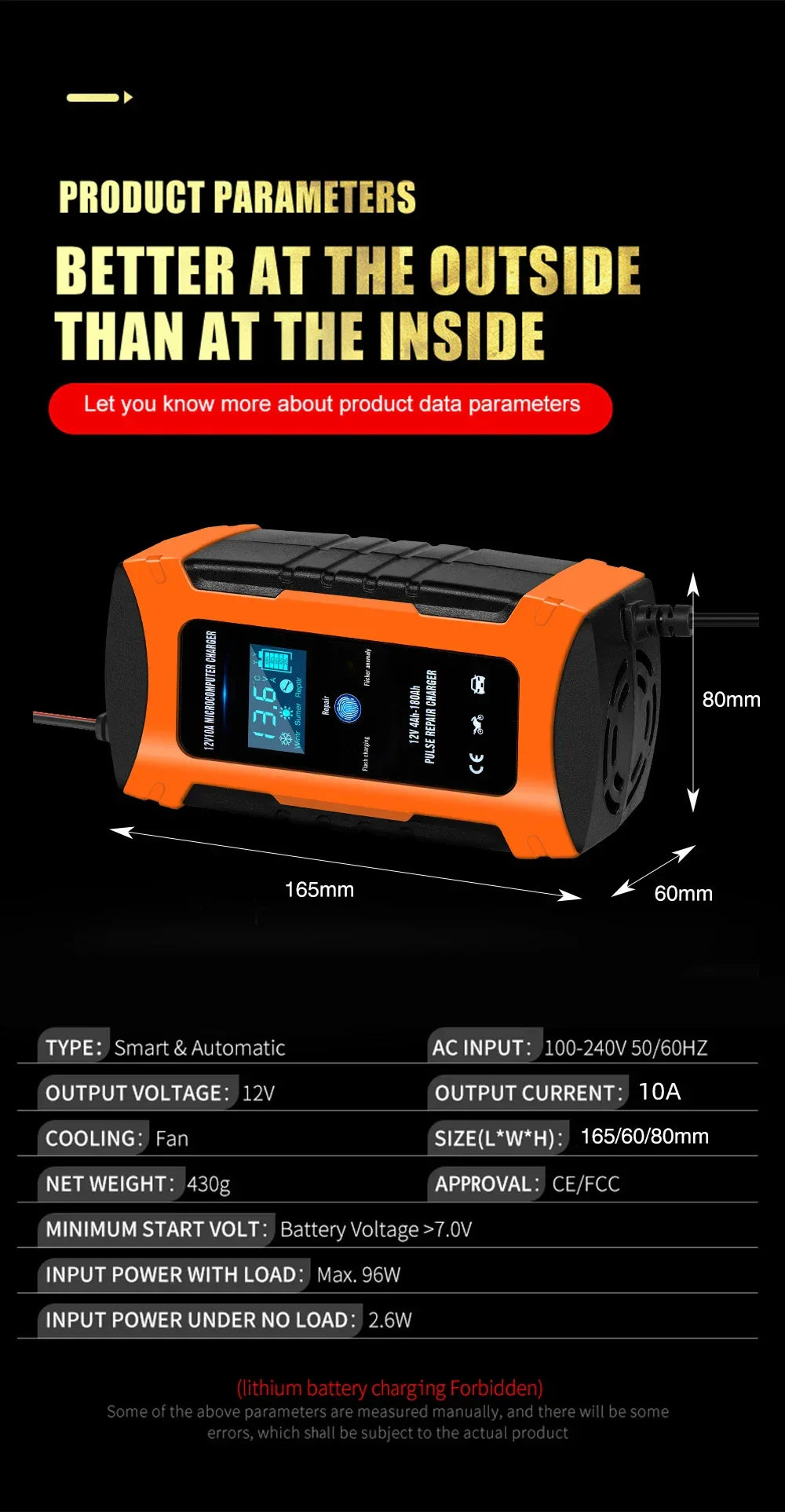 Pulse Repair Car Battery Charger 12V Output Current 10A Max Digital Display Summer Winter Mode Lead-Acid Battery Charger
