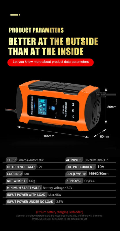 Pulse Repair Car Battery Charger 12V Output Current 10A Max Digital Display Summer Winter Mode Lead-Acid Battery Charger