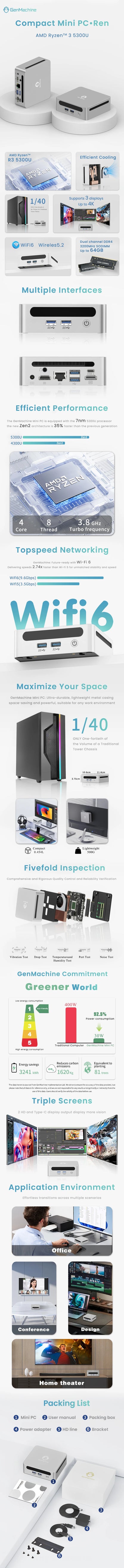 AMD Ren5000 5300U 5475U 5600H 5625U Windows 11 Ryzen DDR4 3200Mhz Wifi6 HDMI Mini PC Diy Gaming Computer GenMachine Mini PC