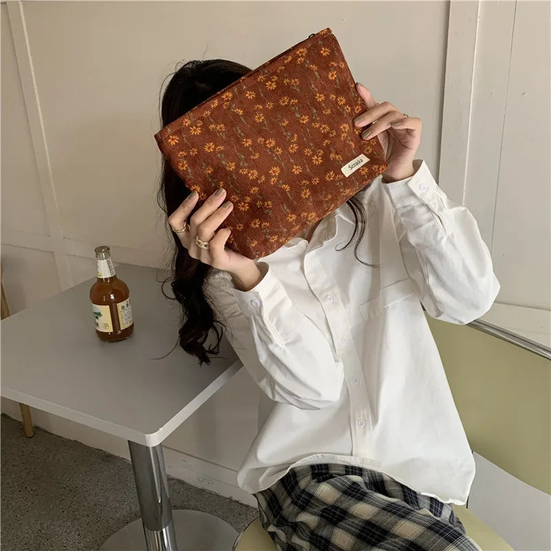 Cosmetic Bag Women Floral Makeup Case Organizer Korean Embroidery Cosmetic Pouch Travel Toiletry Bag Corduroy Canvas Beauty Case