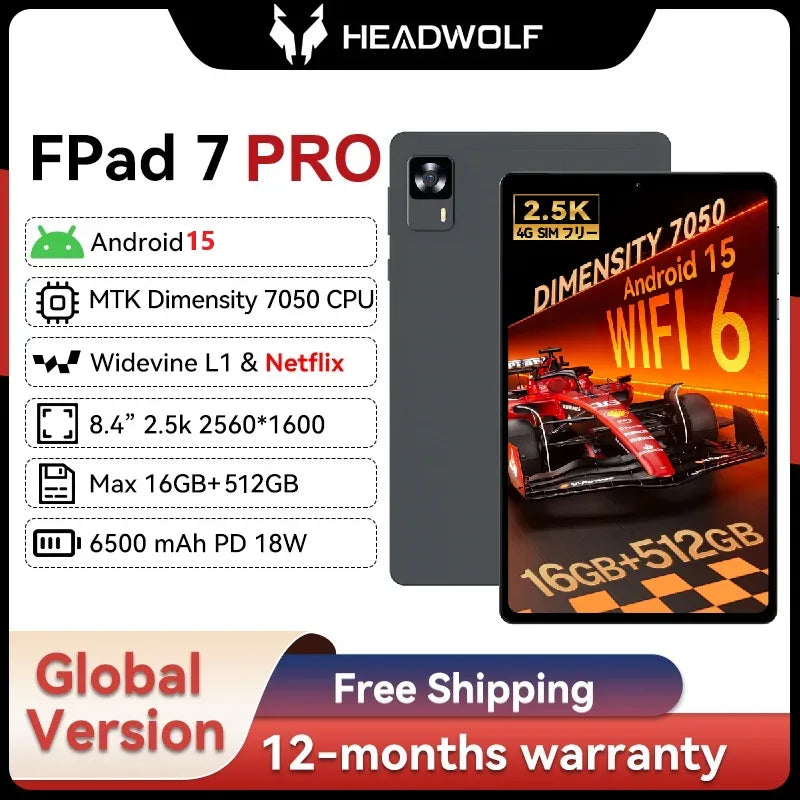 Headwolf FPad7 PRO Android 15 Tablet 8 inch 2.5K HD Max 16GB+512GB, 6500mAh PD18W, 8MP+16MP Camera, SIM 4G LTE WiFi 6