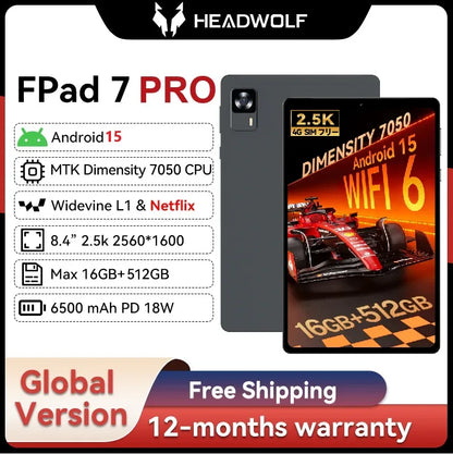 Headwolf FPad7 PRO Android 15 Tablet 8 inch 2.5K HD Max 16GB+512GB, 6500mAh PD18W, 8MP+16MP Camera, SIM 4G LTE WiFi 6