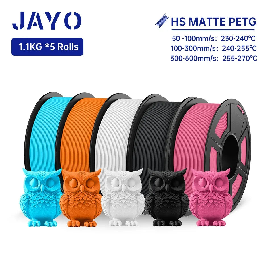 JAYO PETG 3D Filament 1.75MM High Speed PETG 3D Printer Filament 5Rolls High Flow Speedy Matte Effect 3D Printing Mateials
