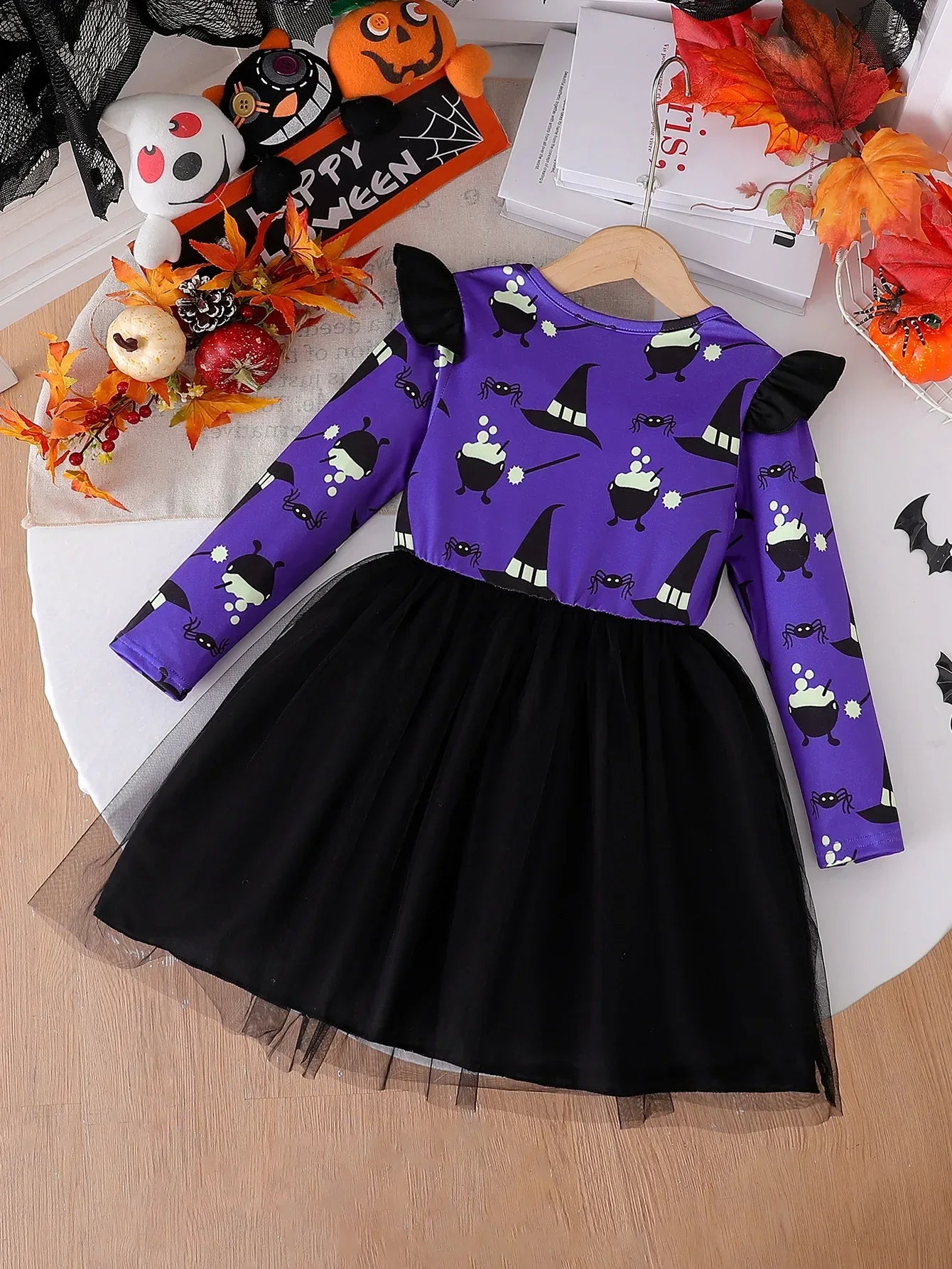 Prowow 2-8Y Kids Purple Halloween Dresses For Girls Long Sleeve Princess Mesh Spooky Spider Dress Children Halloween Costumes