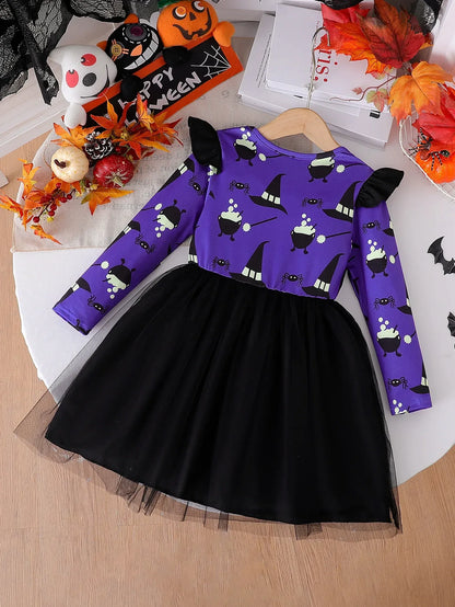 Prowow 2-8Y Kids Purple Halloween Dresses For Girls Long Sleeve Princess Mesh Spooky Spider Dress Children Halloween Costumes