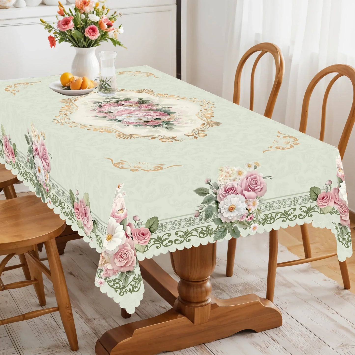 1 Piece, Elegant Retro Style Pink Rose Theme Tablecloth + 4 Self-Adhesive Stickers, Wedding Atmosphere Decoration, Embossed Edges, Suitable for Home Kitchen, Living Room Dining Table Balcony Coffee Table, Holiday Party Holida