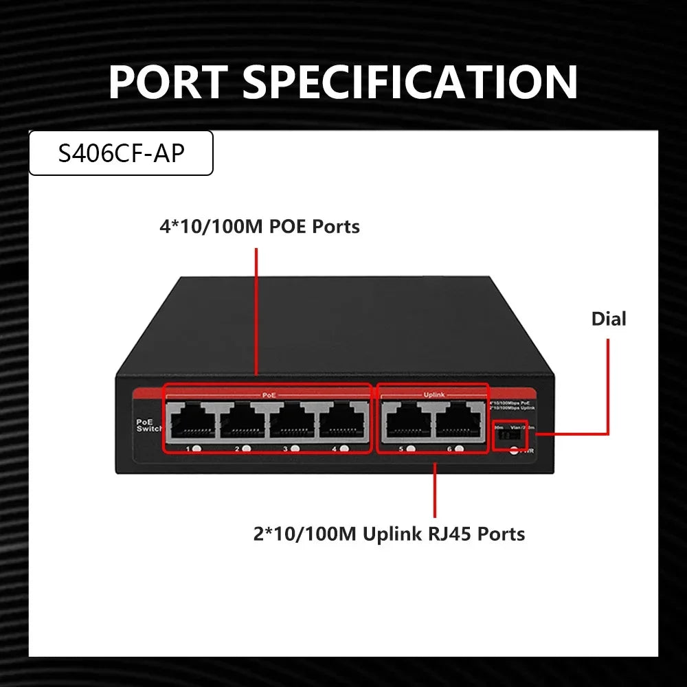 2026 POE Switch 6 Ports 10/100Mbps AI Smart Ethernet Switch with 2 Uplink RJ45 Ports AI Smart Switch for IP Camera/Wireless AP