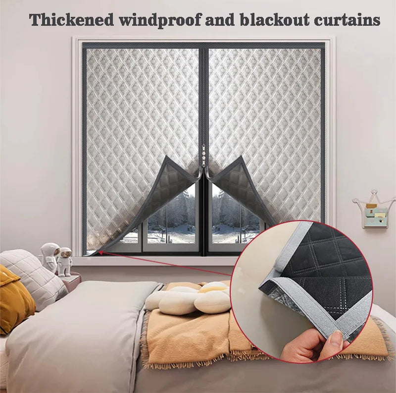 Window windproof, warm curtain, cold proof double-layer thick blackout curtain, soundproof cotton window, gray zipper style