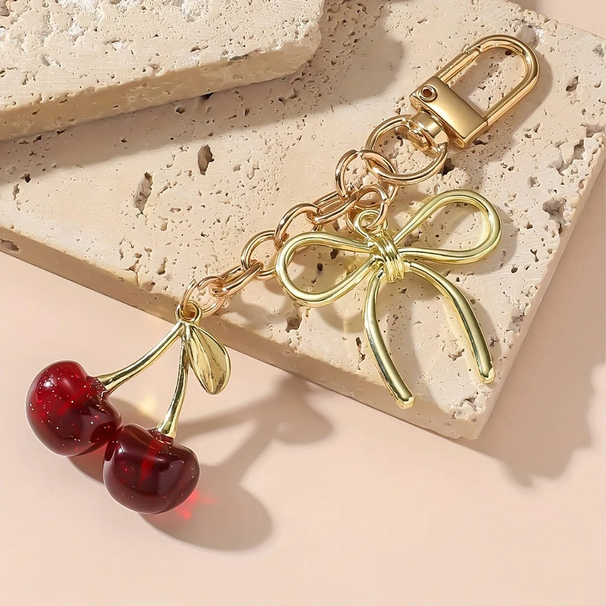 1pc Unisex Red Cherry Shaped Keychain With Fashionable Bow Pendant, Luxury Handbag Key Ring Accessory For Mother's Day Eid al Ad