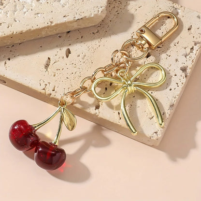 1pc Unisex Red Cherry Shaped Keychain With Fashionable Bow Pendant, Luxury Handbag Key Ring Accessory For Mother's Day Eid al Ad