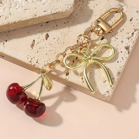 1pc Unisex Red Cherry Shaped Keychain With Fashionable Bow Pendant, Luxury Handbag Key Ring Accessory For Mother's Day Eid al Ad