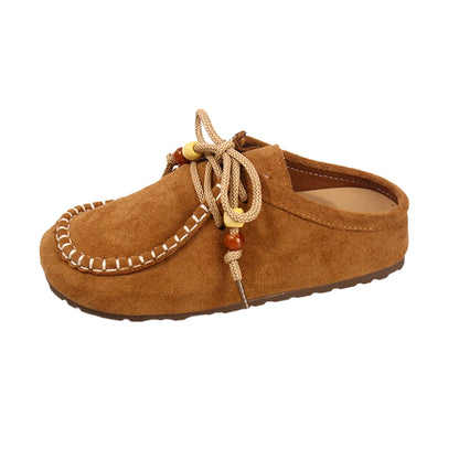 Baotou Slippers Spring New Round Head Deep Mouth Cow Suede Beaded Metal Buckle Soft Sole Anti-slip Wear-resistant Flat Shoes