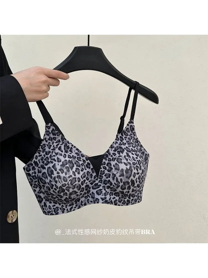YUQI Leopard Print Bra - Ultra Thin No Underwire, Anti-Sag Bralette, Big/Small Chest Lightweight Gather, Breathable Smooth