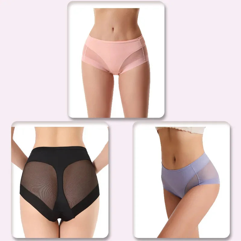 Ice Silk Women Underwear Panties Transparent Mesh Gauze Corset Waist Slimming Black Briefs Female Trainer Shaping Underpants2024