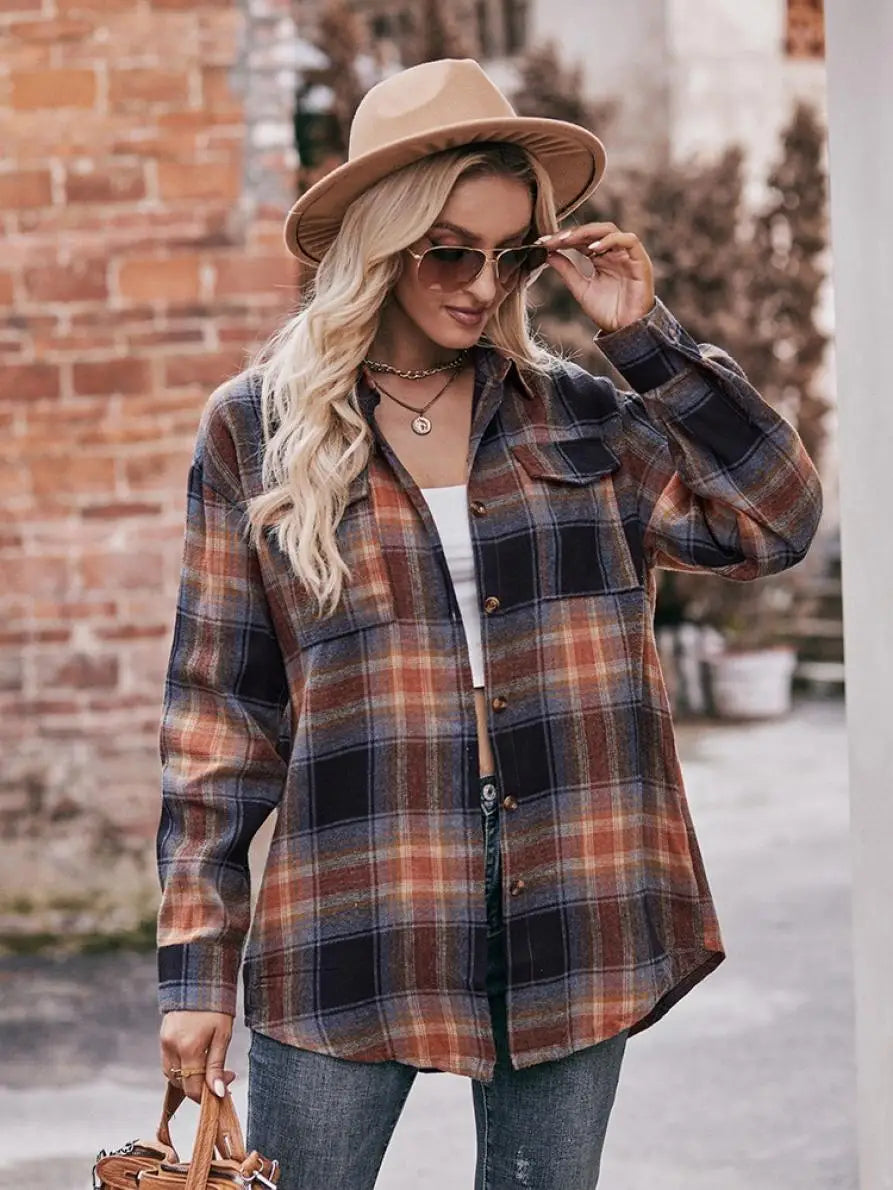 Autumn Plaid Shirt Women Long Sleeve Turn-down Collar Oversize Shirts Female Stylish Vintage Casual Blouse Ladies Chemise