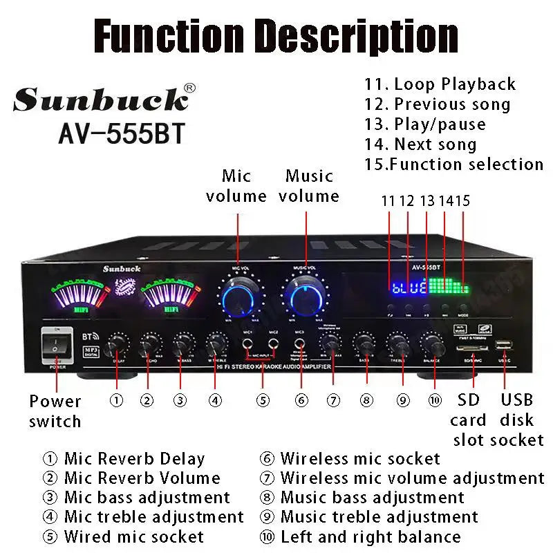 AV-555BT/999BT Max 4000W Bluetooth Sound Amplifiers Dual Dynamic Screen HiFi Digital Stereo Amplify For Home Car Theatre Karaoke