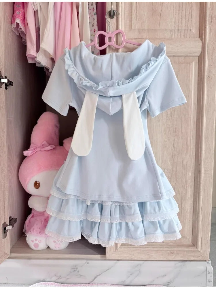 Japanese Kawaii Lolita 2-Pieces Set Women Sweet Rabbit Ear Zipper Hooded Tops + Cute Cake Mini Skirt Harajuku Y2k Outfits Summer