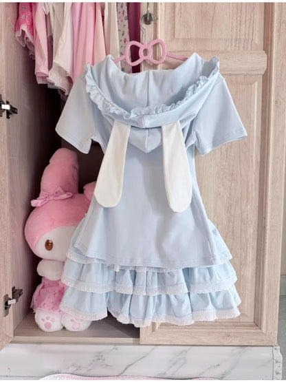 Japanese Kawaii Lolita 2-Pieces Set Women Sweet Rabbit Ear Zipper Hooded Tops + Cute Cake Mini Skirt Harajuku Y2k Outfits Summer