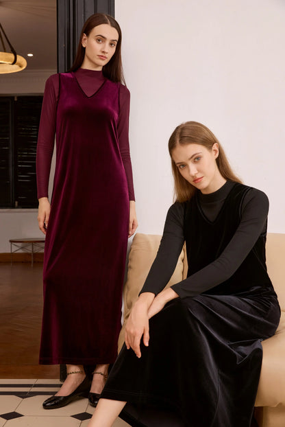 AP Women 2026 Autumn and Winter Modal Mesh Shirt and V Neck Velvet Maxi Dress High Quality