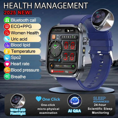 New Uric Acid Blood Lipids AI-GPT ECG Smartwatch Micro Physical Examination Body Analysis Men BT Call LED Flashlight Smartwatch