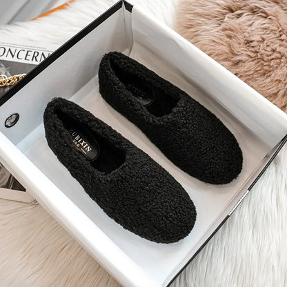 Big Size 43 Women Lambswool Slippers Winter Sheep Fur Shoes Ladies Flat Cotton Slides Home Pantuflas Daily Slip On Furry Mules