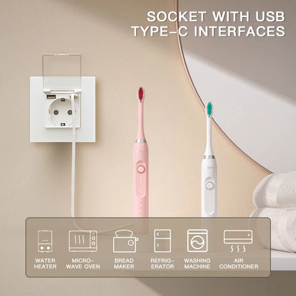 BSEED Single EU Wall Socket USB Type-c Ports Double Waterproof Cover Bathroom Power Sockets Triple Glass Electric Outlets 16A