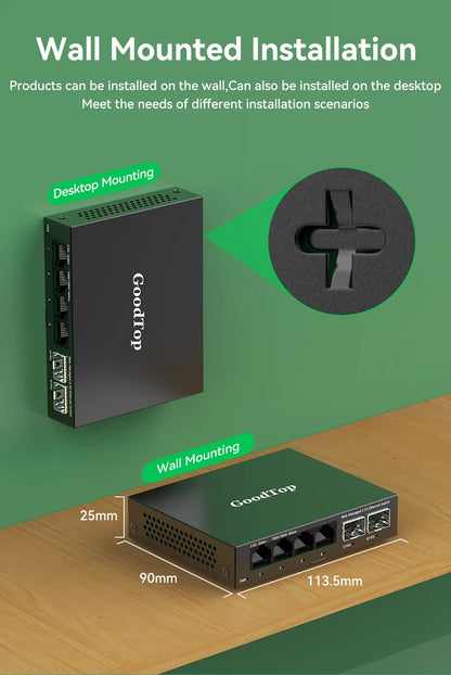 GoodTop 2.5GbE Managed Switch 6 Port 2.5GBASE-T Network Switcher 10G SFP+ Slot Uplink Web Managed Hub Internet Splitter Fanless