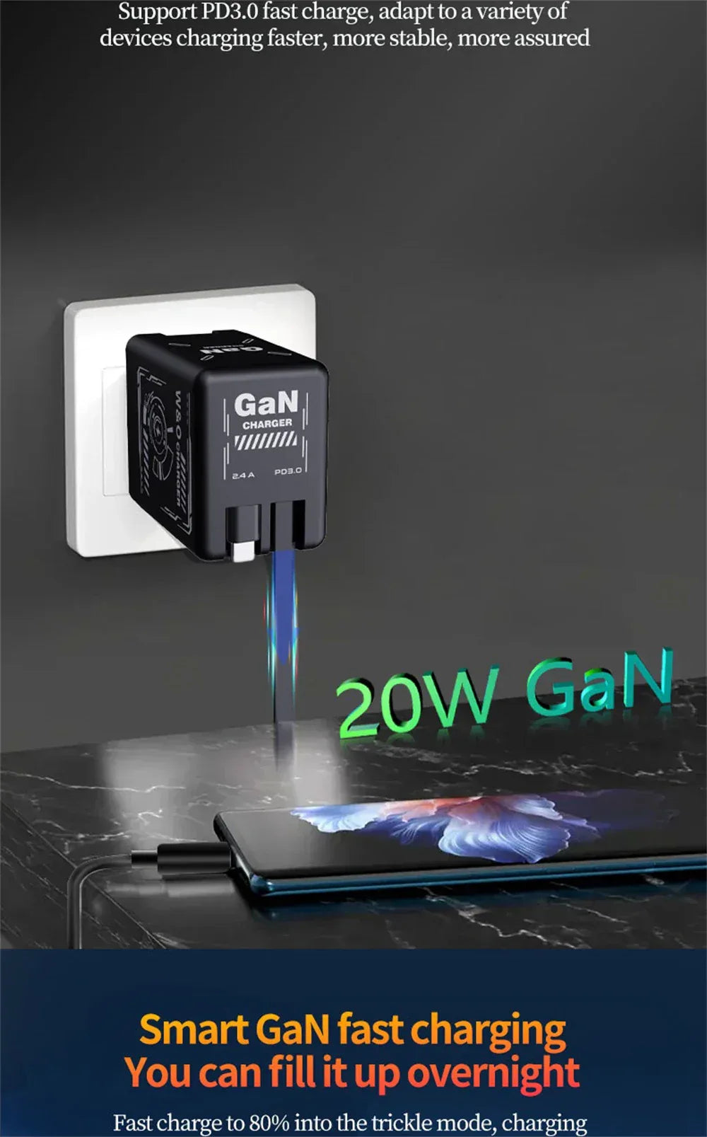 Multi Functional Folding Adapter Charging Protection GaN 20W PD3.0 Fast Charger With Retractable Type-C Cable Portable General