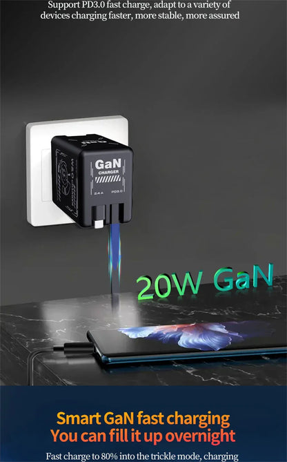 Multi Functional Folding Adapter Charging Protection GaN 20W PD3.0 Fast Charger With Retractable Type-C Cable Portable General