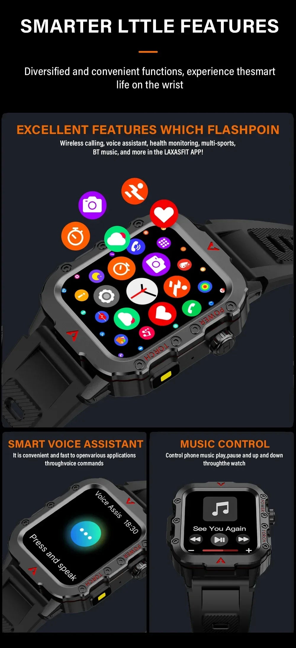 LAXASFIT 2024 Outdoor Military Men's Smart Watch Bluetooth Talk Sports Heart Rate Monitor Smart Watch Android IOS