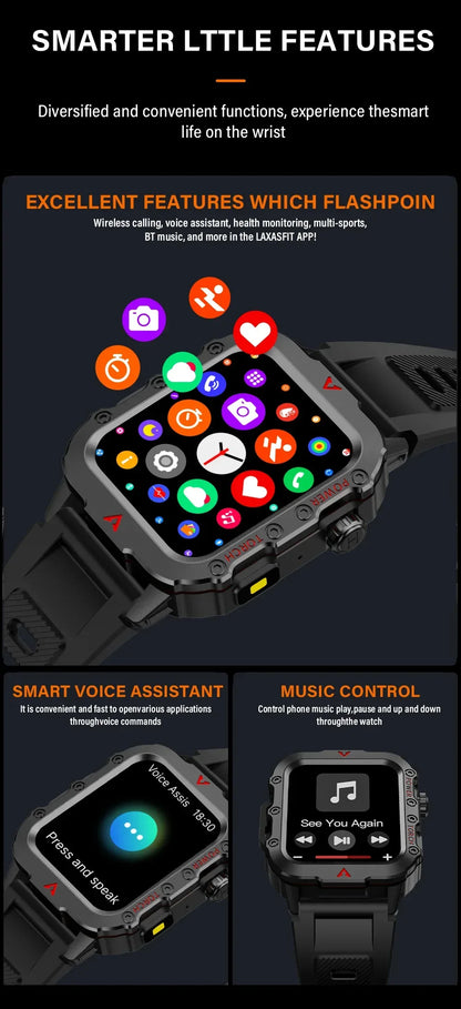 LAXASFIT 2024 Outdoor Military Men's Smart Watch Bluetooth Talk Sports Heart Rate Monitor Smart Watch Android IOS
