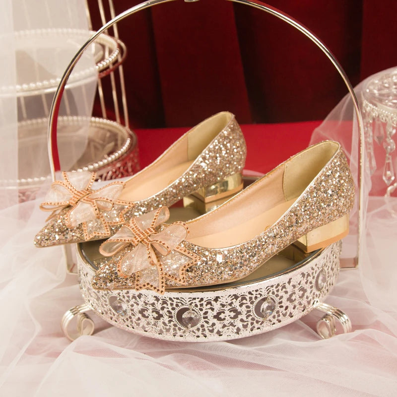 Crystal Butterfly-knot Flat Wedding Shoes Slip  Shoes Women Shiny Gold Silver Bridal Shoes Beaded  Flat Heels Med (3cm-5cm)