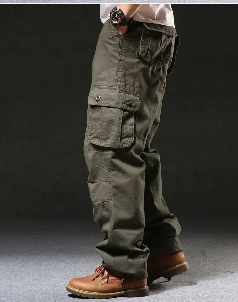 Cross-Border Men's Cargo Pants Spring Autumn Loose-Fit Pure Cotton Multi-Pocket Plus Size Straight-Leg Casual Pants