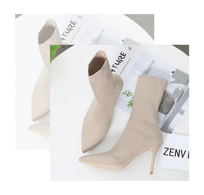 Comemore Knitting Stretch High Heels for Women Fashion Shoe 2025 Spring Autumn Ankle Boot Female Sexy Sock Boots Plus Size 34 42
