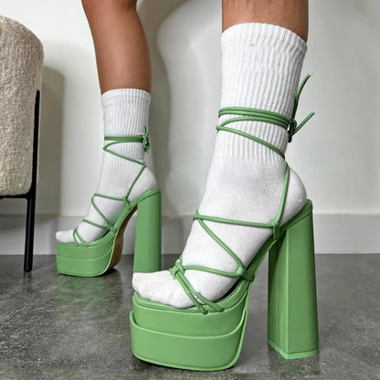 Women Sandals Brand New Sexy Chunky High Heels Pumps Platform Dress Shoes Party Wedding Shoes Cross Lace Up Female Sandals 2025