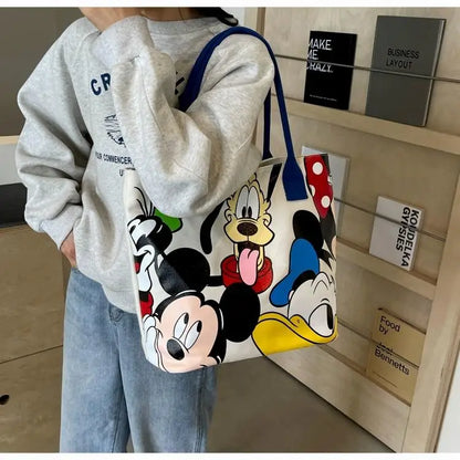 Cartoon Mickey Tote Bag Canvas Bag with Goofy Pattern Shoulder Bag Fashion Travel Large Capacity Canvas Bag Women Shopping Use