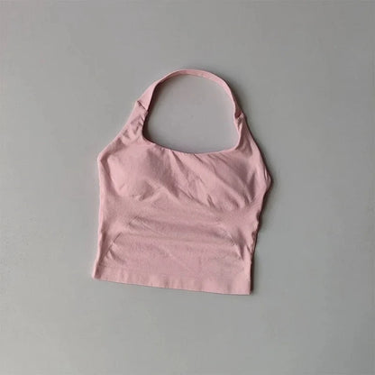 Seamless Halter Neck Yoga Tank Tops for Women Built-in Bra Padded Gym Top Sleeveless Shirt Fitted Backless Workout Clothes