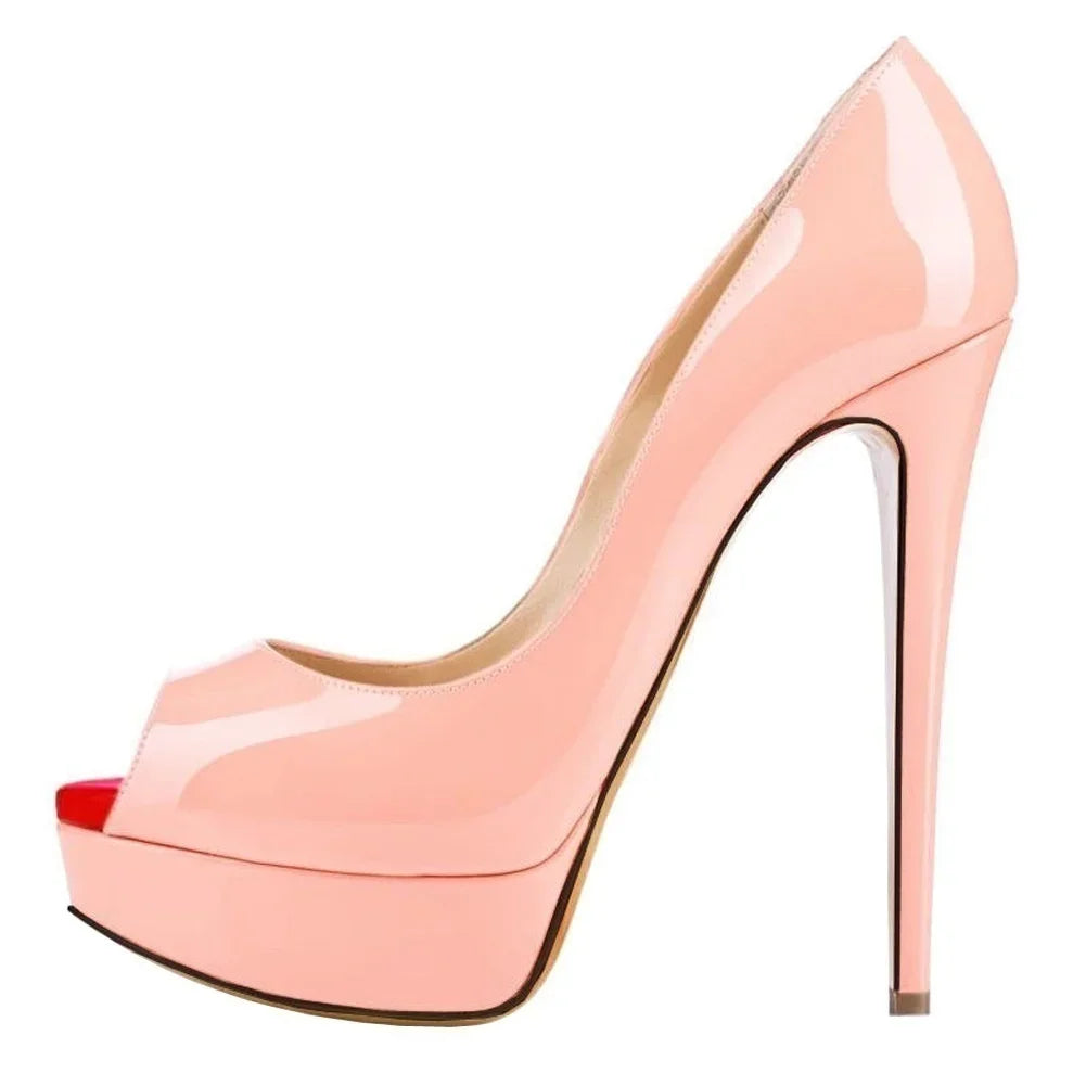 LOSLANDIFEN Sexy Peep Toe Platform Women Pumps 14cm Super High Patent Leather Heels Shoes Red Wedding Stilettos Large Size 43 44