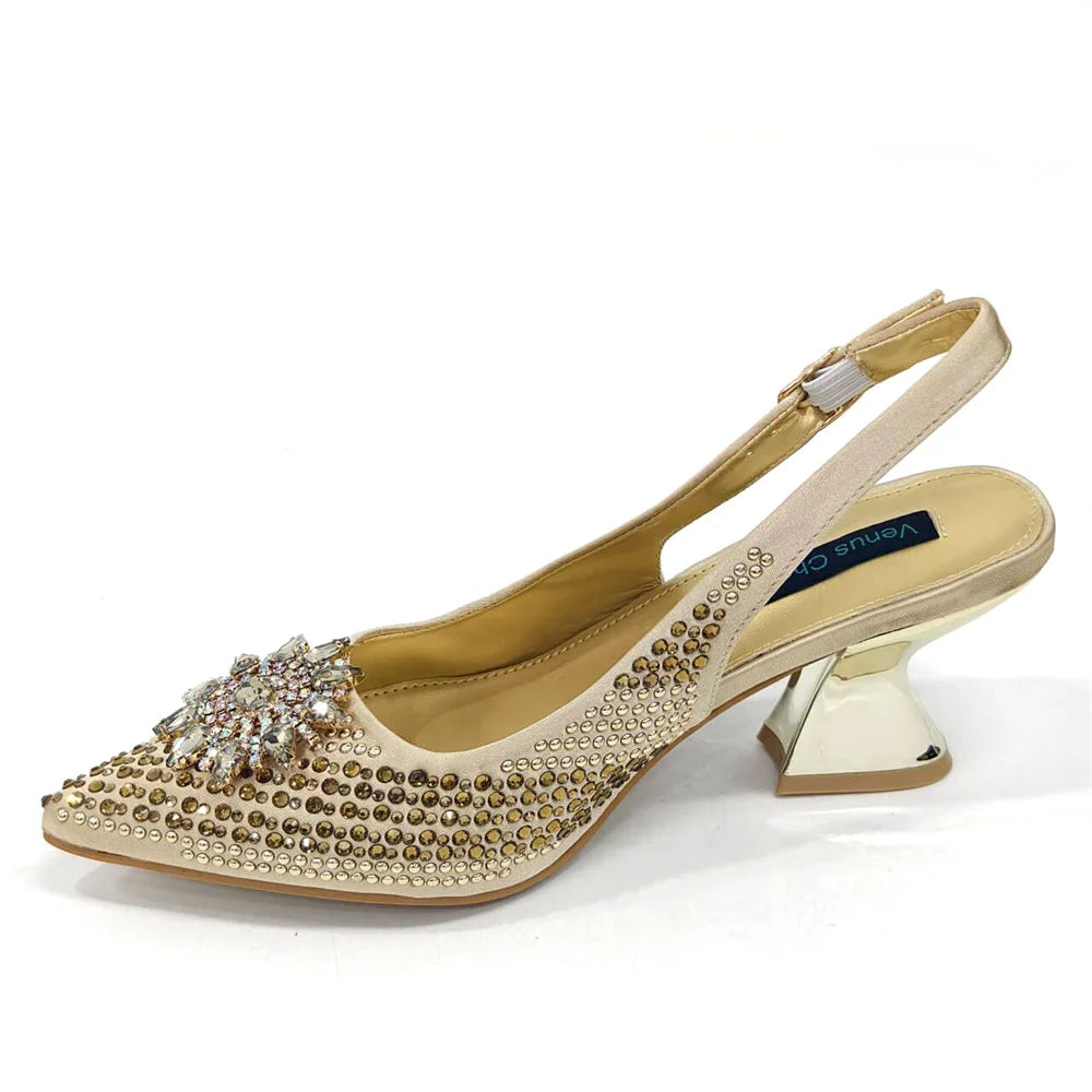 Venus Chan 2024 Summer New Design Specials Italian Women Shoes and Bag Set Fuchsia Color Comfortable High Heels With Rhinestone
