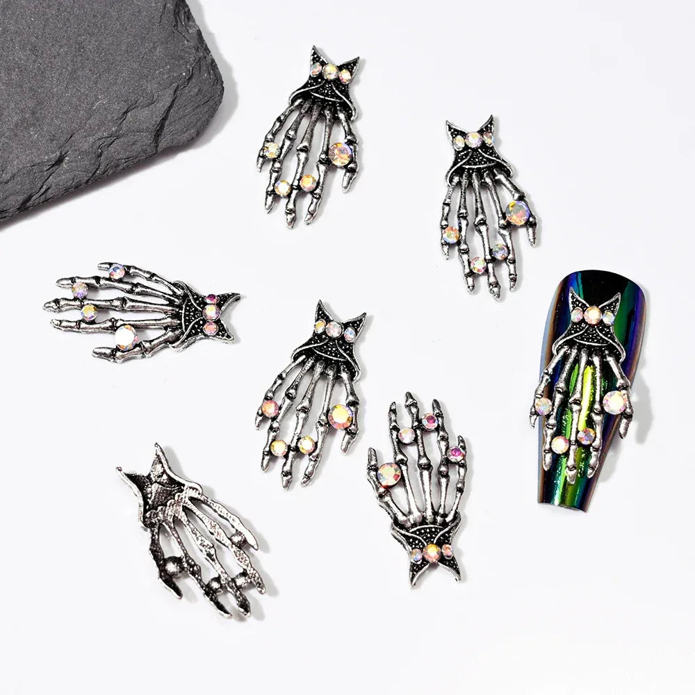 10pcs/Bag Spooky Metal Bone Skeleton Nail Charms Halloween Designs Decoration Nail DIY Accessories Skull Halloween Cross Decor