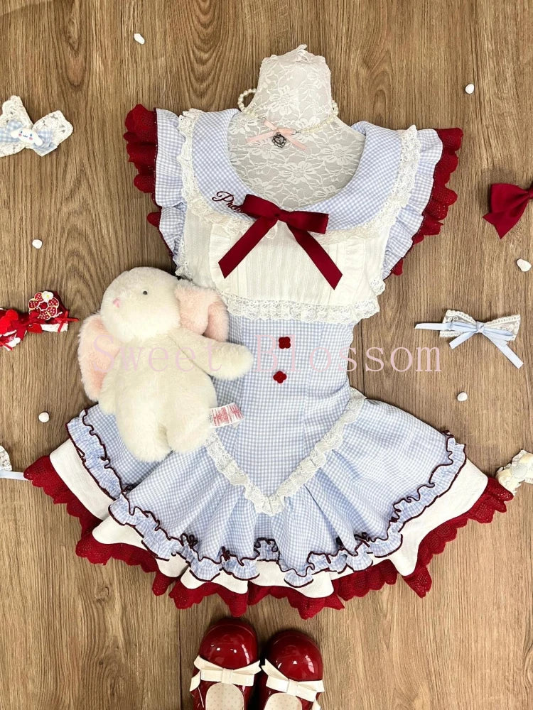 Japanese Sweet Plaid Lace Patchwork Dress Women New Design Slim Lovely Blue Summer Dresses Harajuku Kawaii Fashion Outfit 2025