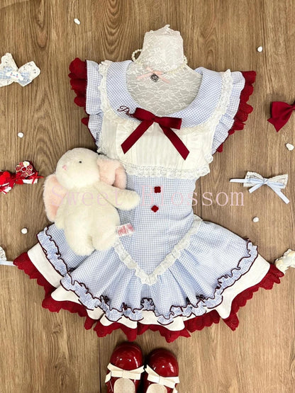 Japanese Sweet Plaid Lace Patchwork Dress Women New Design Slim Lovely Blue Summer Dresses Harajuku Kawaii Fashion Outfit 2025