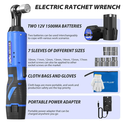 Electric Cordless Right Ratchet 3/8'' 90° Angle Wrench with LED Work Light +7pcs Sockets Set Power Ratchet Wrenches, 2 Battery