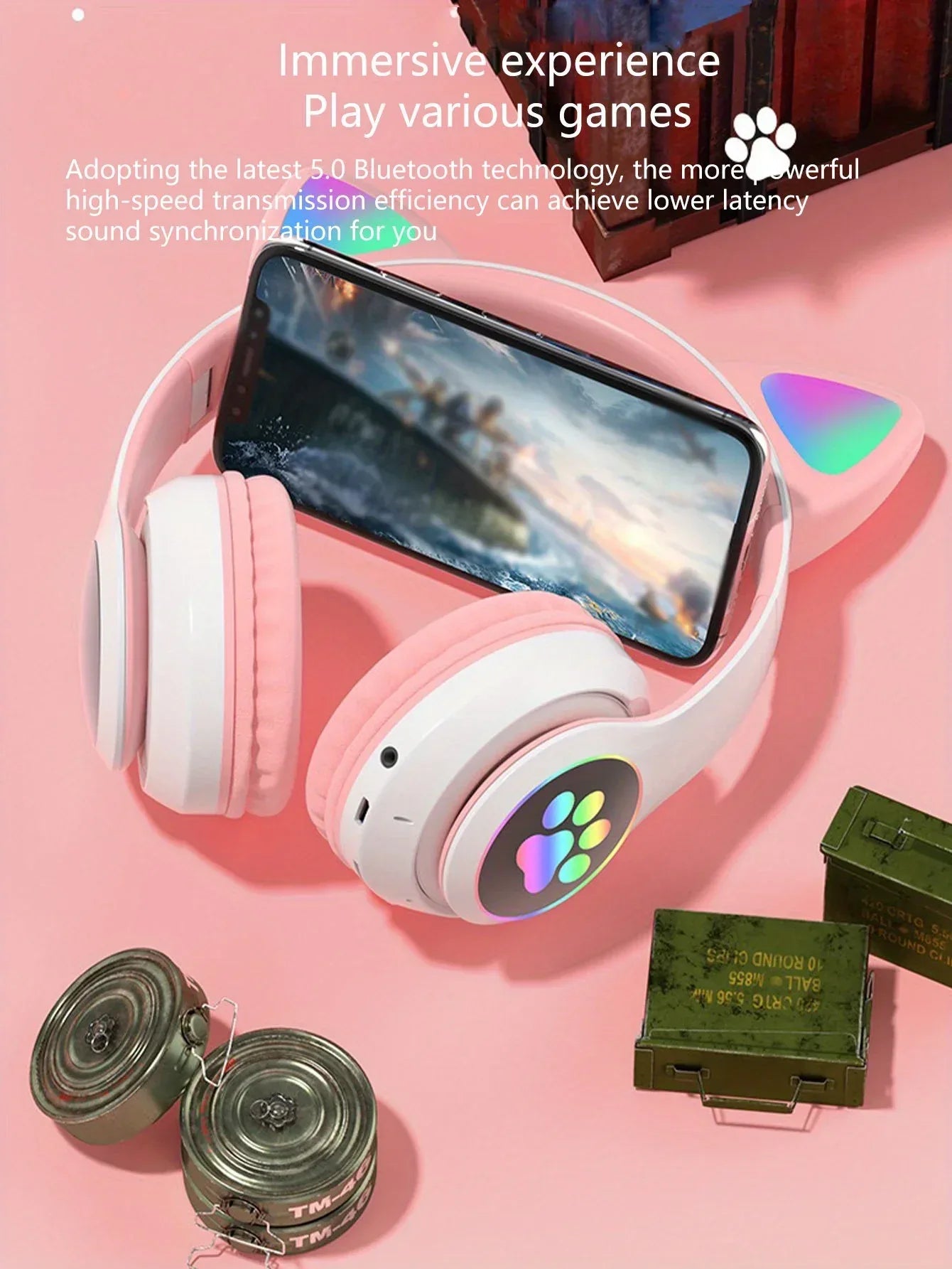 New Flash Light Cute Cat Ears Wireless Headphone with Mic Control LED Kid Girl Stereo Music Helmet Phone Bluetooth Headset Gift